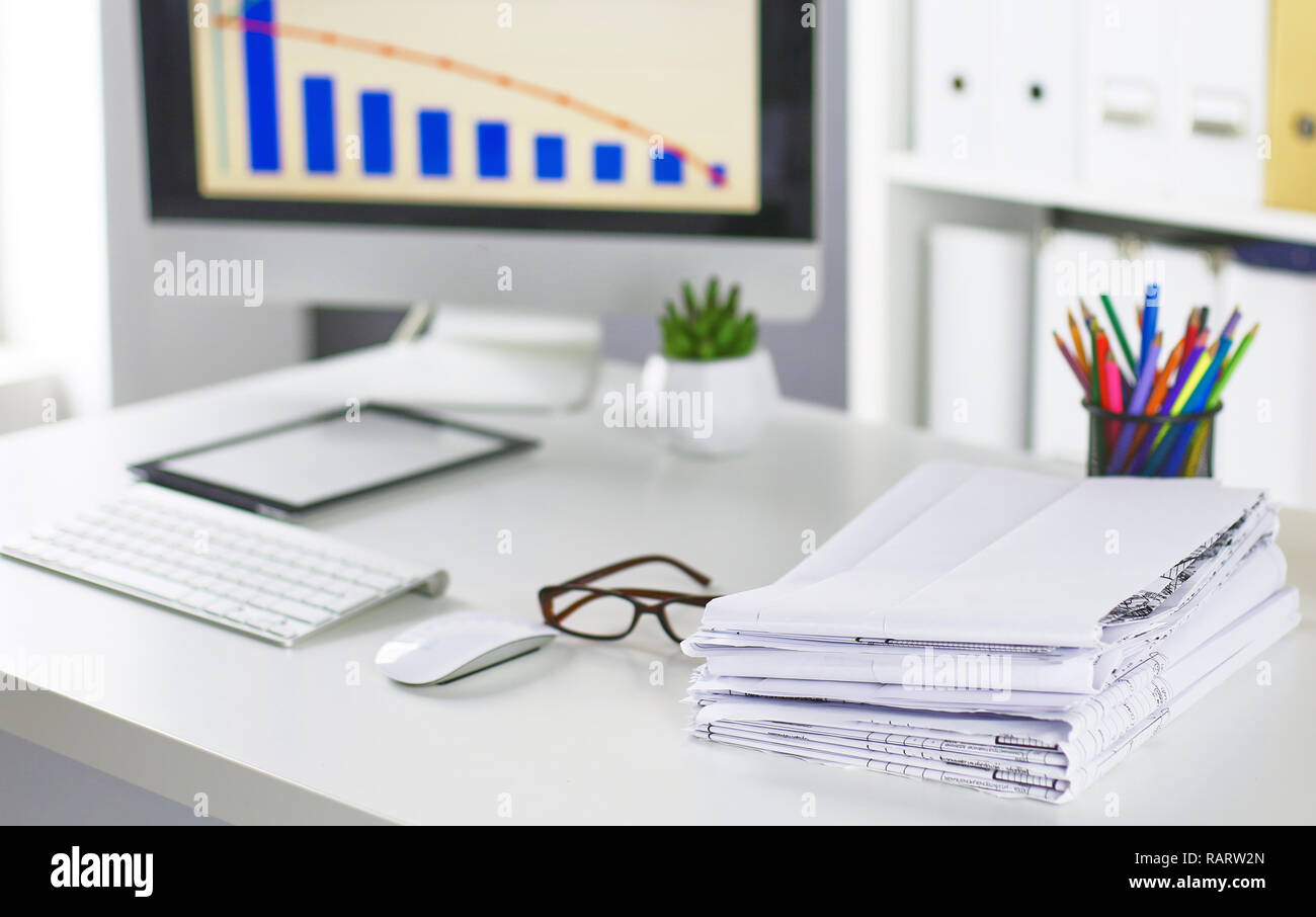 Workspace presentation mockup, Desktop computer and office supplies on