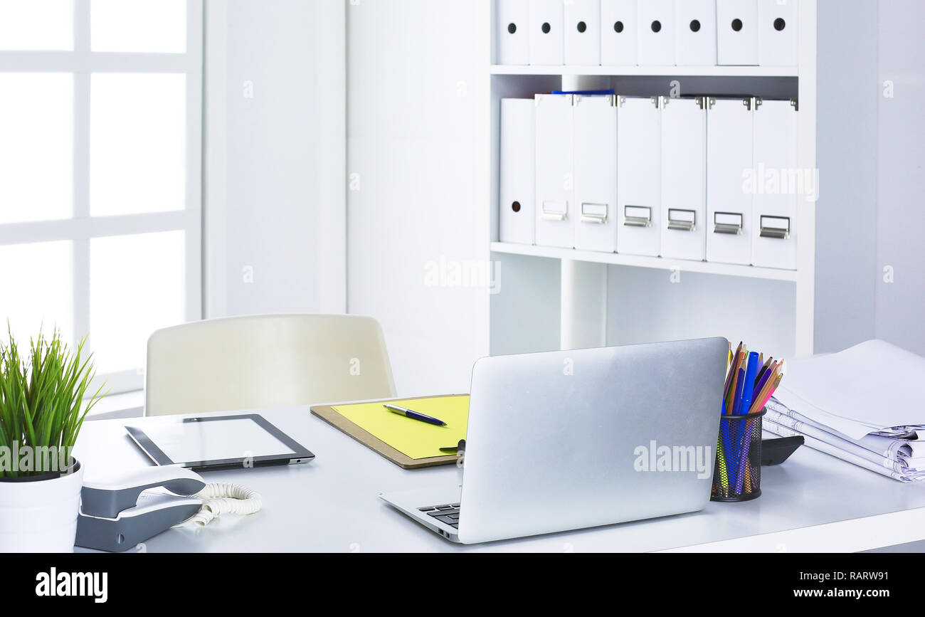 Workspace presentation mockup, Desktop computer and office supplies on