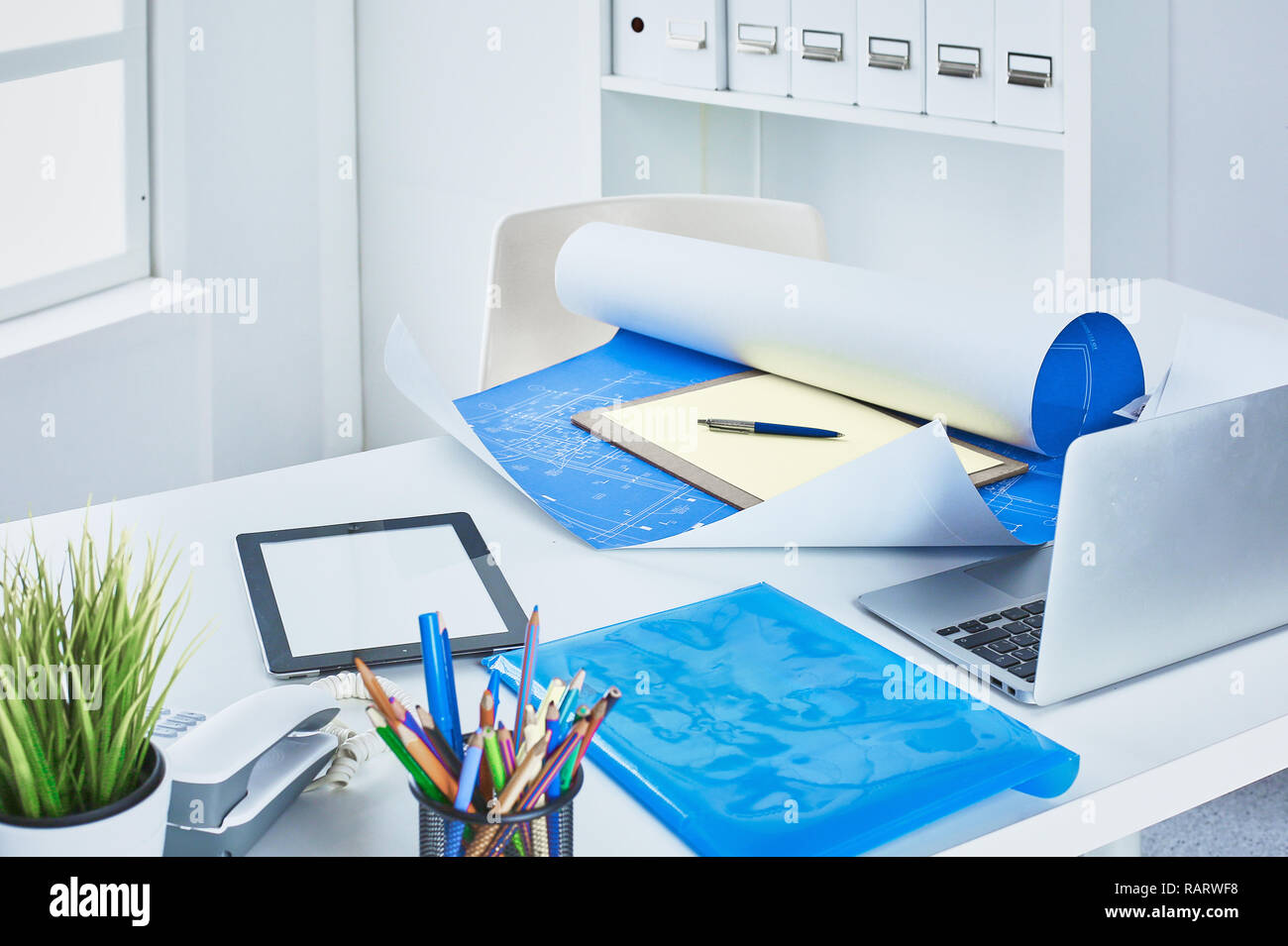 Workspace presentation mockup, Desktop computer and office supplies on