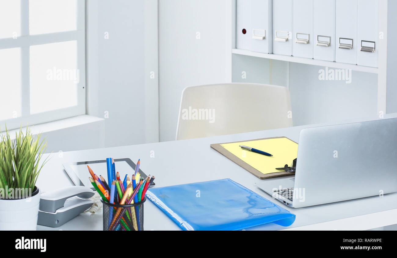 Workspace presentation mockup, Desktop computer and office supplies on