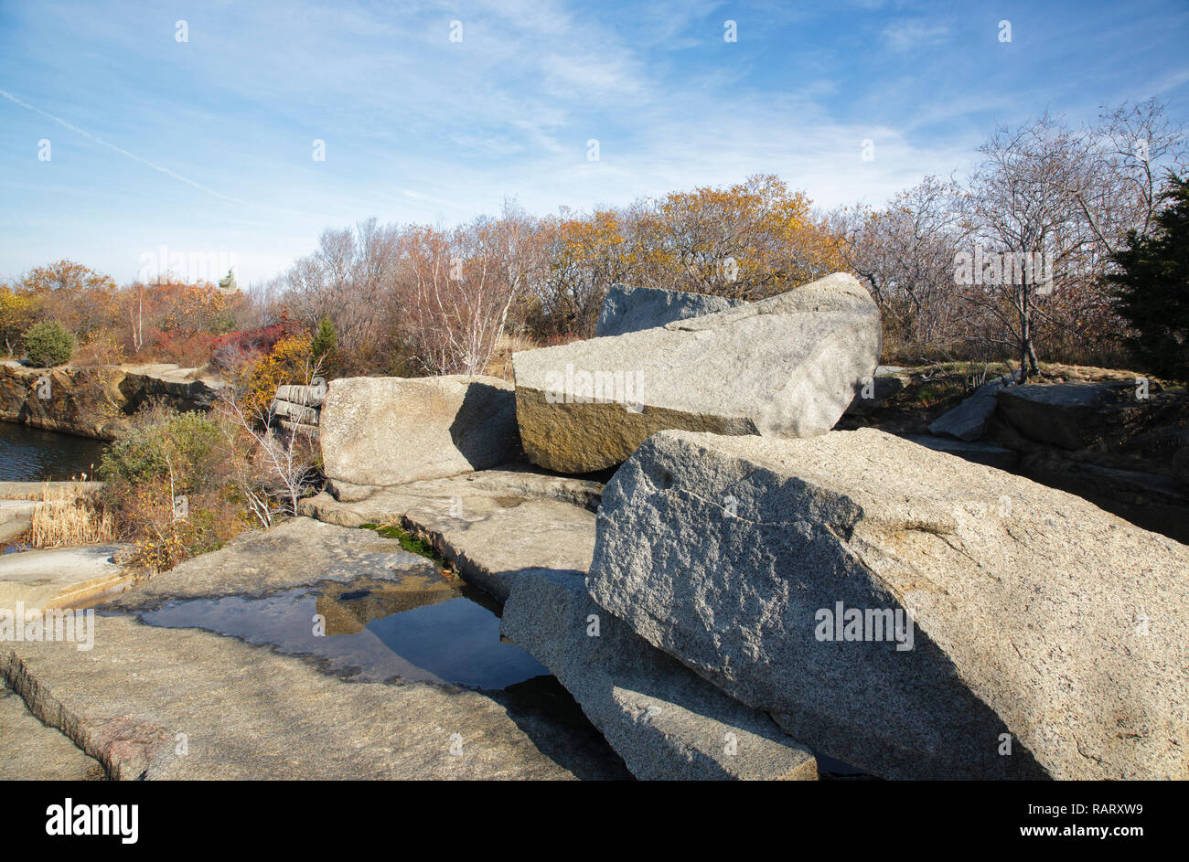 Halibut Point State Park on Cape Ann in the town of Rockport, Massachusetts. This park was the site of the Babson Farm granite quarry (1840s-1929). Stock Photo