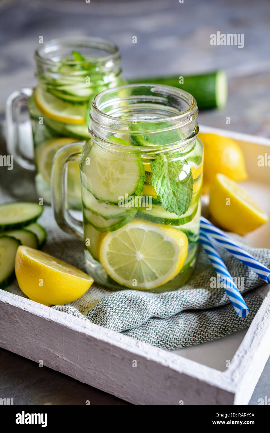 Healthy alkaline water with sliced cucumber, ginger, lemon and mint