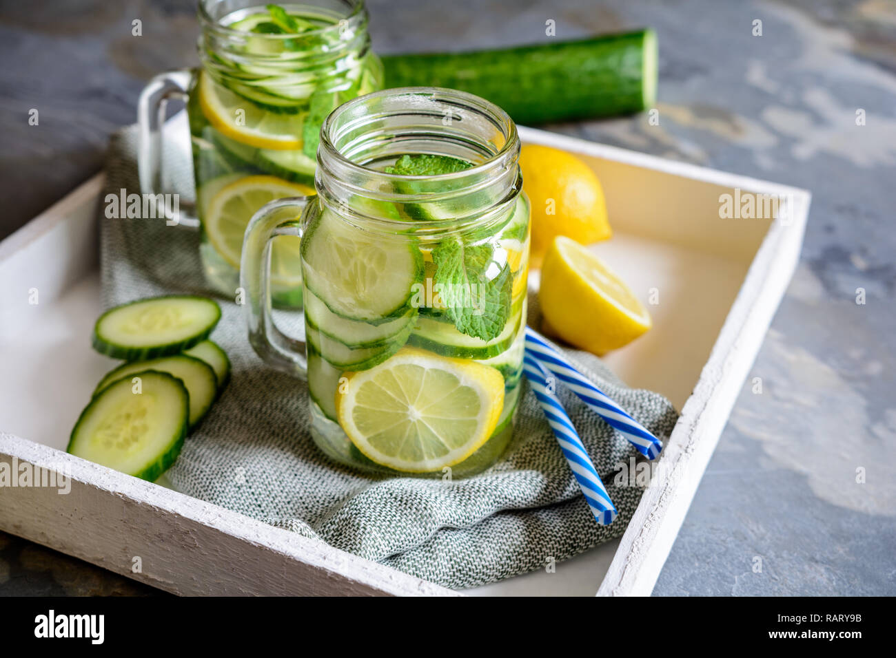 Healthy alkaline water with sliced cucumber, ginger, lemon and mint