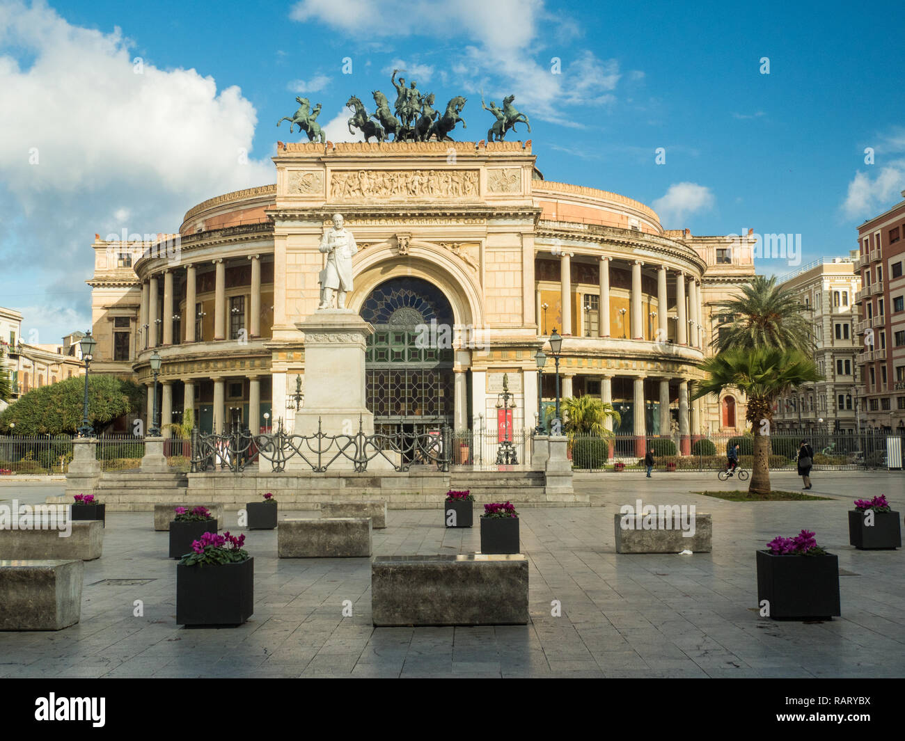 Politeama Theatre in Piazza Ruggero Settimo, city of Palermo, Sicily, Italy. Stock Photo