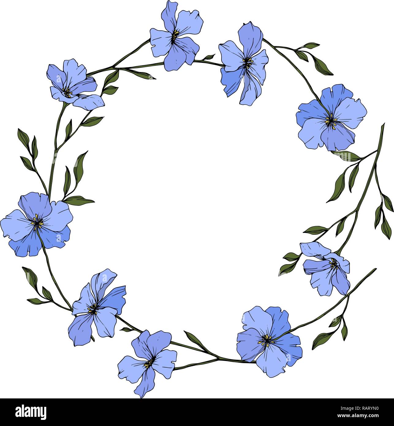 Vector. Blue flax. Floral botanical flower with green leaves. Engraved ink art. Frame floral wreath. Stock Vector