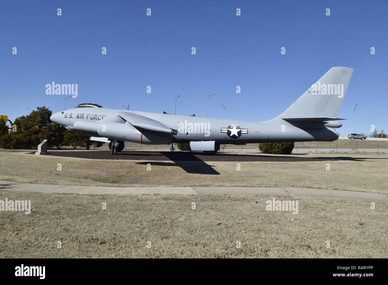 Boeing B-47 Stratojet aircraft on display in the Charles B. Hall Memorial Air Park on Feb. 16, 2017, at Tinker Air Force Base, Oklahoma. The free public park features aircraft operated or maintained by Tinker AFB over the years and is located near the main entrance to the base with free parking available. Stock Photo
