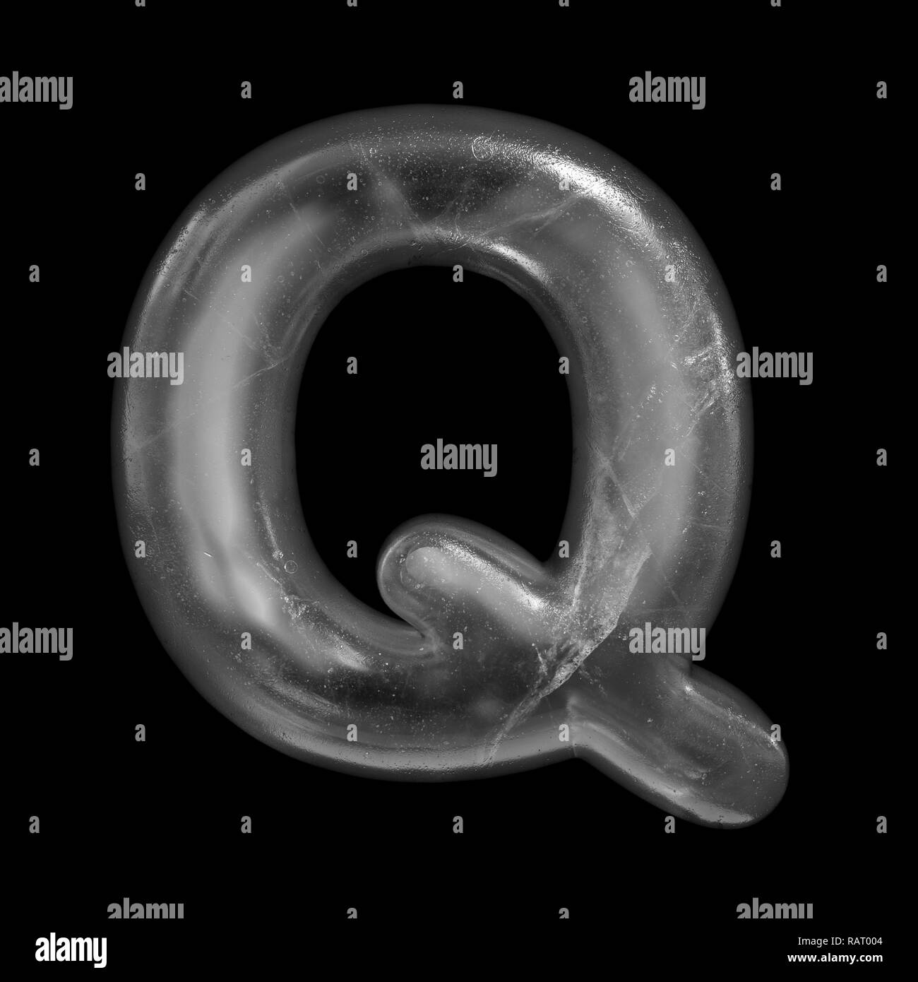 Ice letter Q - large 3d Winter font isolated on black background. This alphabet is perfect for creative illustrations related but not limited to Natur Stock Photo