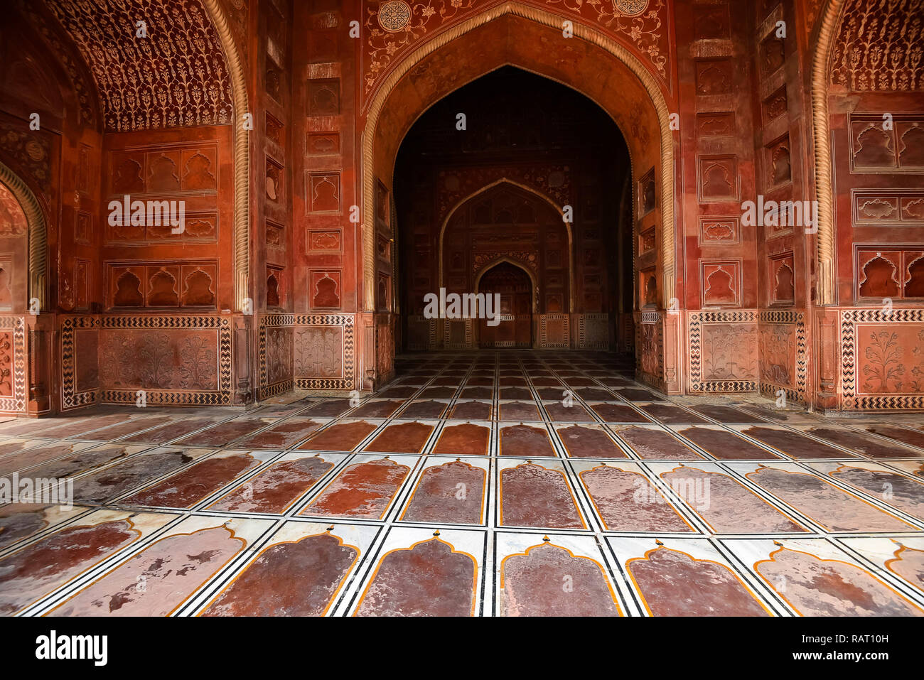 Interior of beautiful mosque on territory of Taj-Mahal Stock Photo