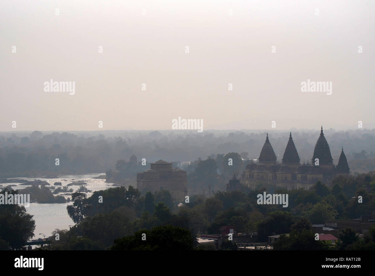 Chatris or Cenotaphs in Orchha, India on foggy day Stock Photo