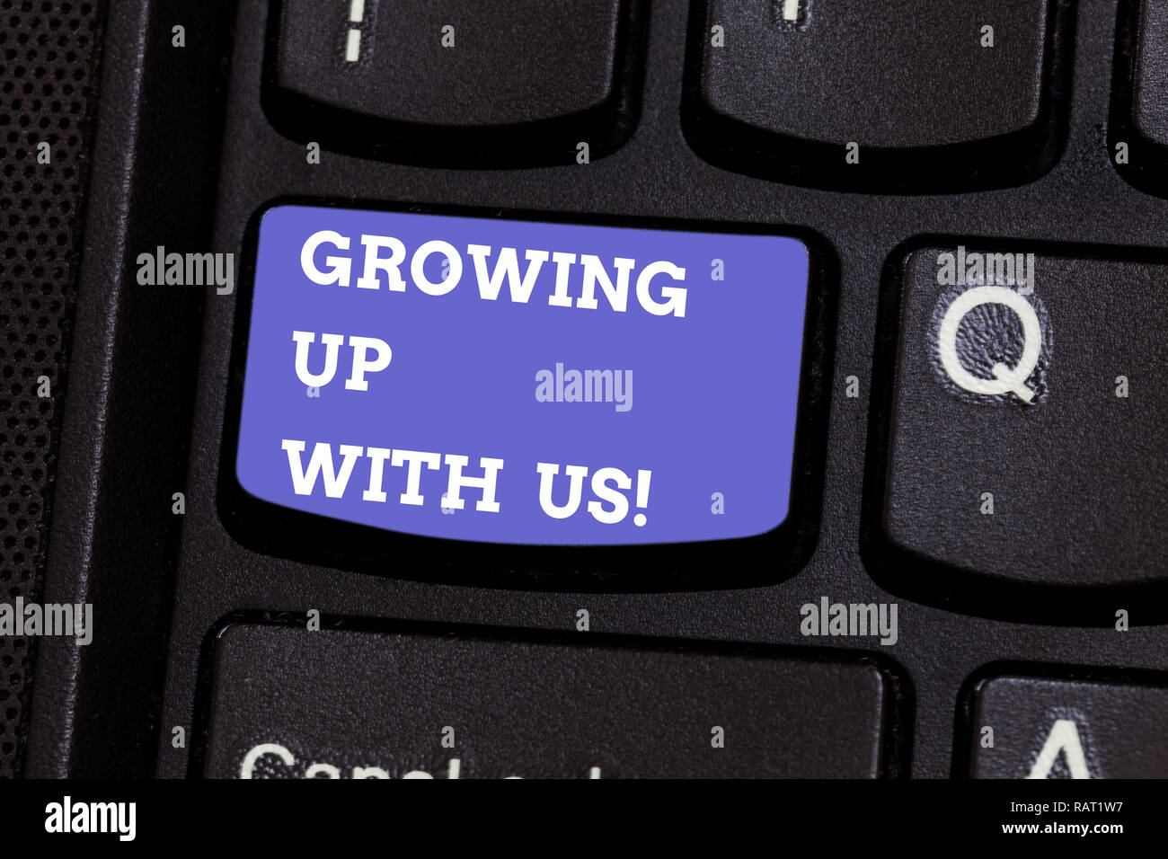 Writing note showing Growing Up With Us. Business photo showcasing Offering help assistance to make your business grow Keyboard key Intention to creat Stock Photo