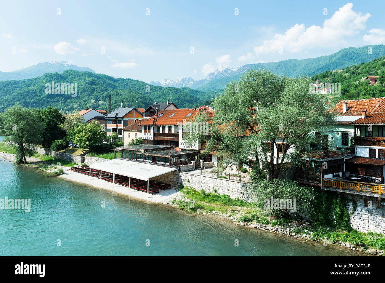 Riverbank along the Neretva river, Konjic, Bosnia and Herzegovina Stock Photo