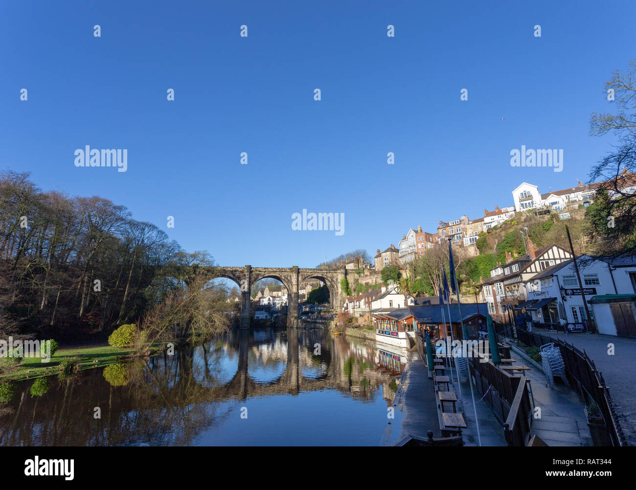 Knaresborough Railway Viaduct from next to the River Nidd, North Yorkshire, England, UK Stock Photo