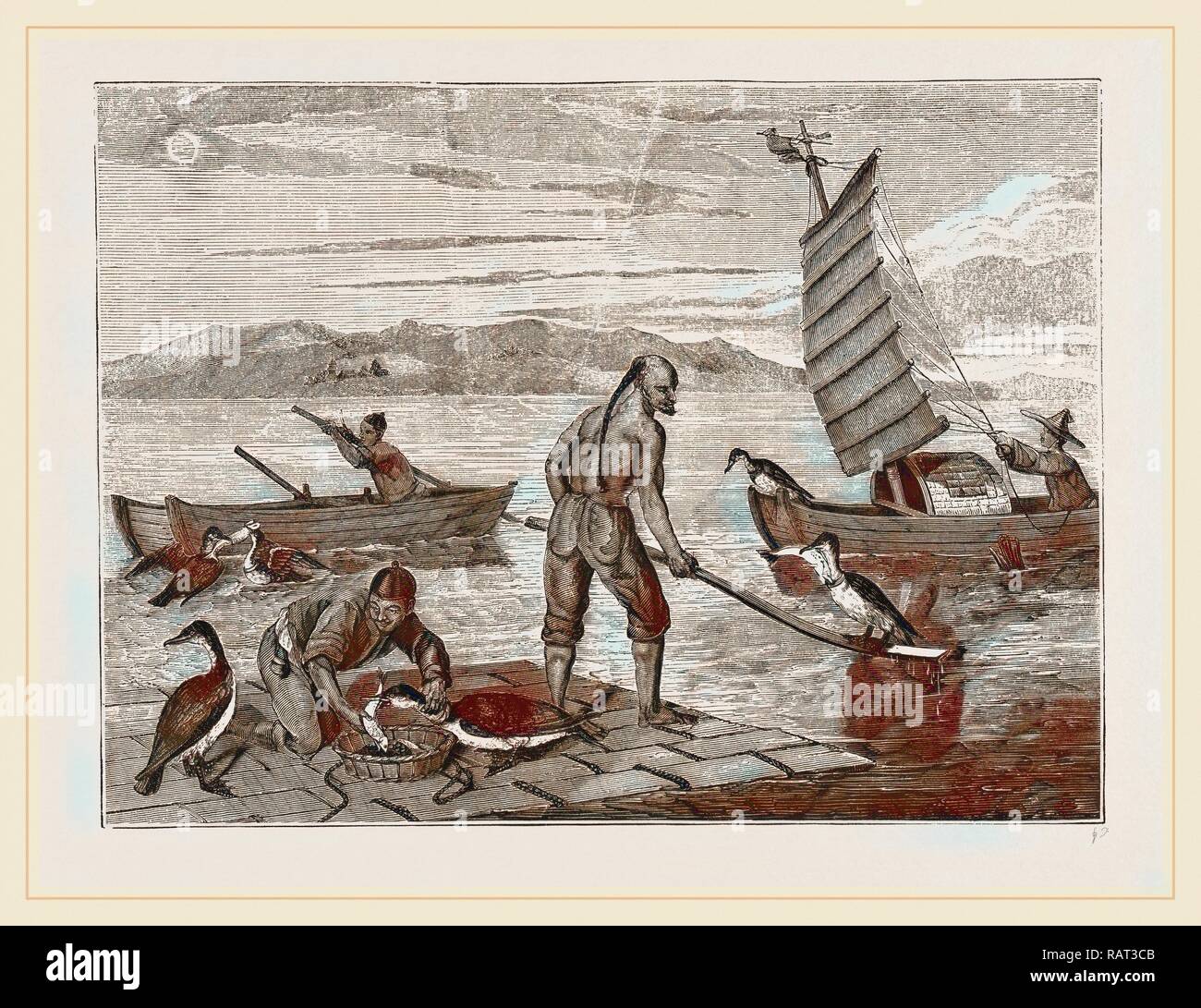 Chinese fishing with Cormorants, China. Reimagined by Gibon. Classic