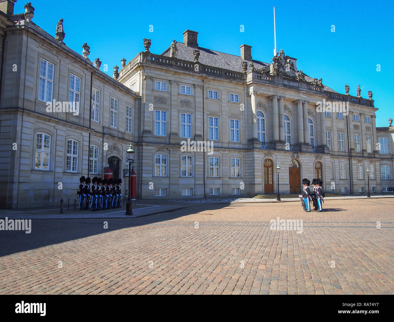 COPENHAGEN, DENMARK-APRIL 11, 2016: Royal Guard at Amalienborg Palace Square Stock Photo