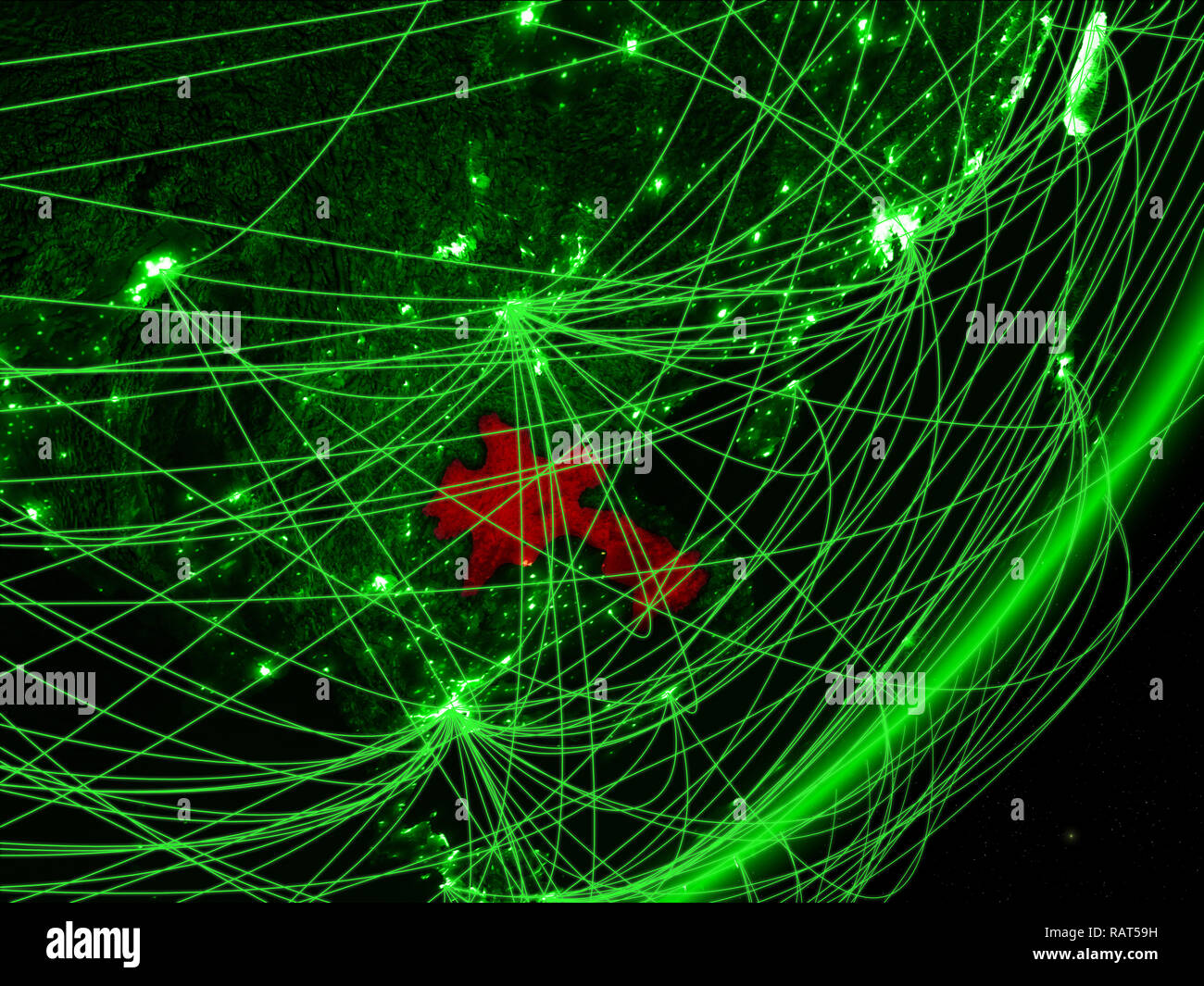 Laos on green model of planet Earth with network at night. Concept of ...