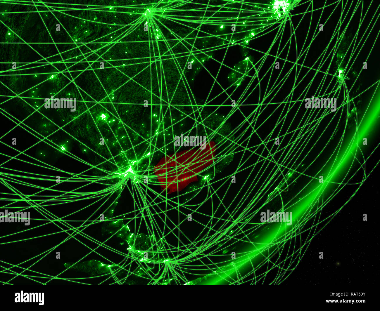 Cambodia on green model of planet Earth with network at night. Concept ...