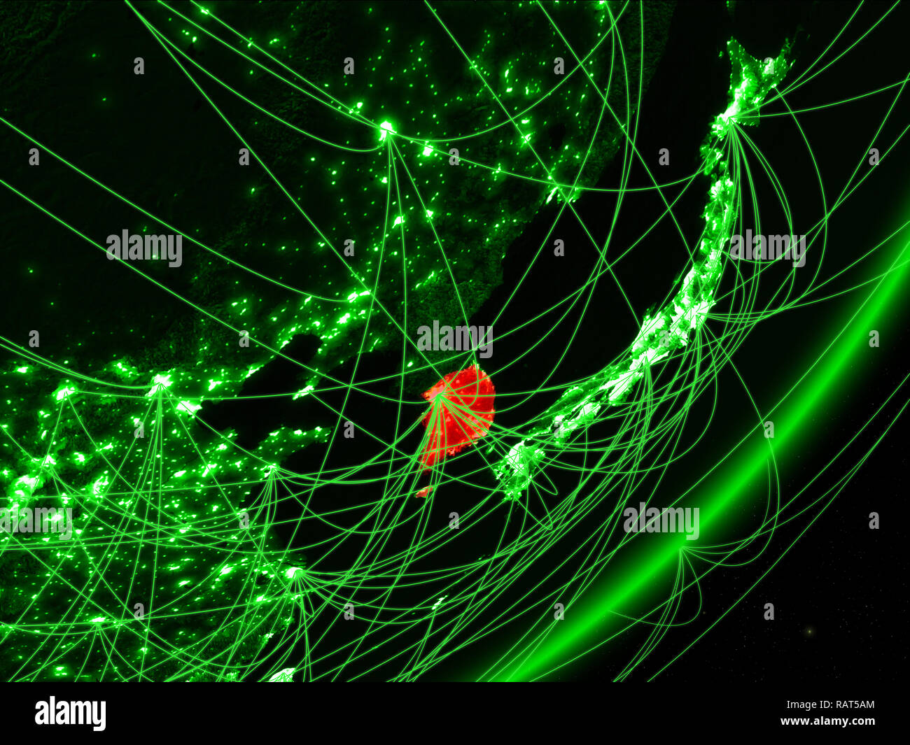 South Korea on green model of planet Earth with network at night ...