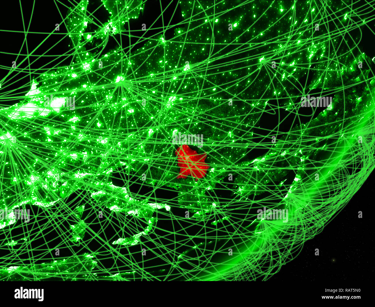 Serbia on green model of planet Earth with network at night. Concept of ...