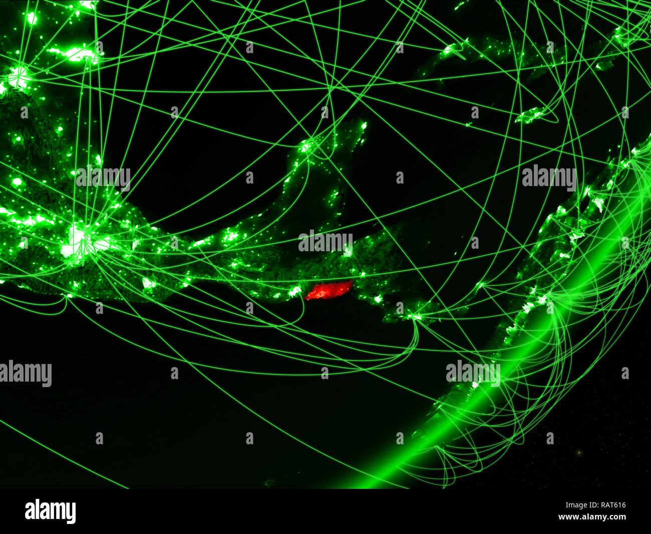El Salvador on green model of planet Earth with network at night ...