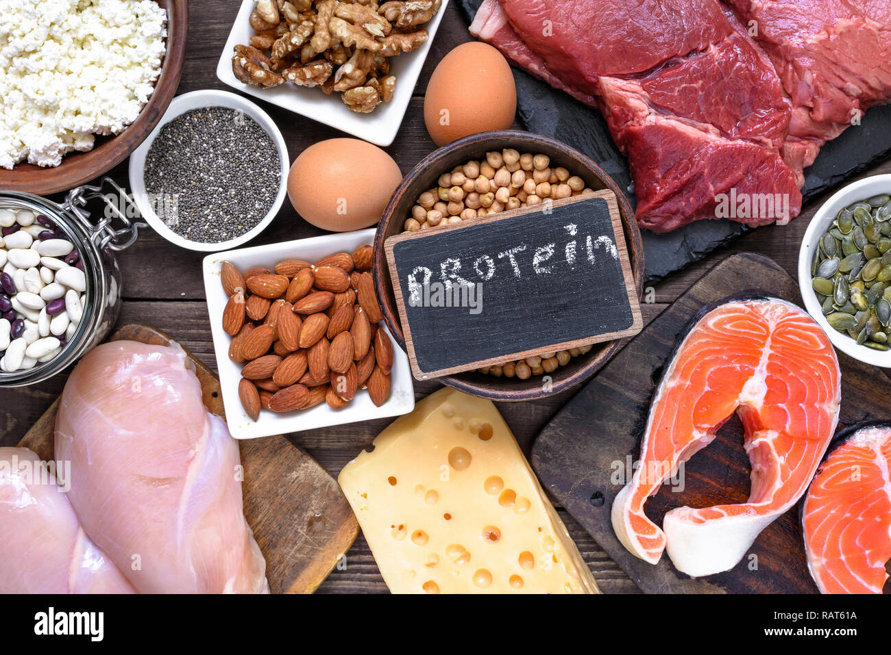 selection food sources of protein. healthy diet eating concept. top view Stock Photo