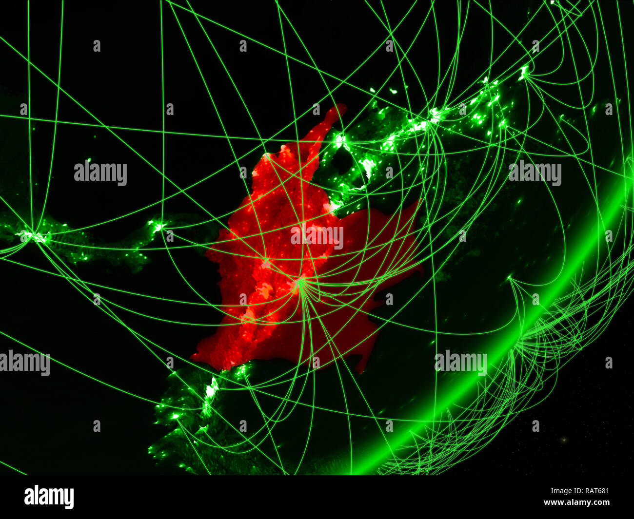 Colombia on green model of planet Earth with network at night. Concept ...