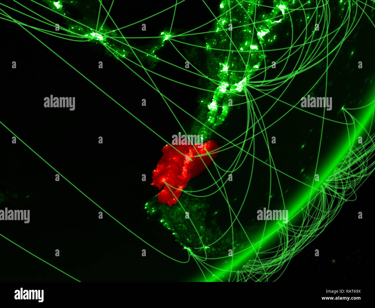 Ecuador on green model of planet Earth with network at night. Concept ...