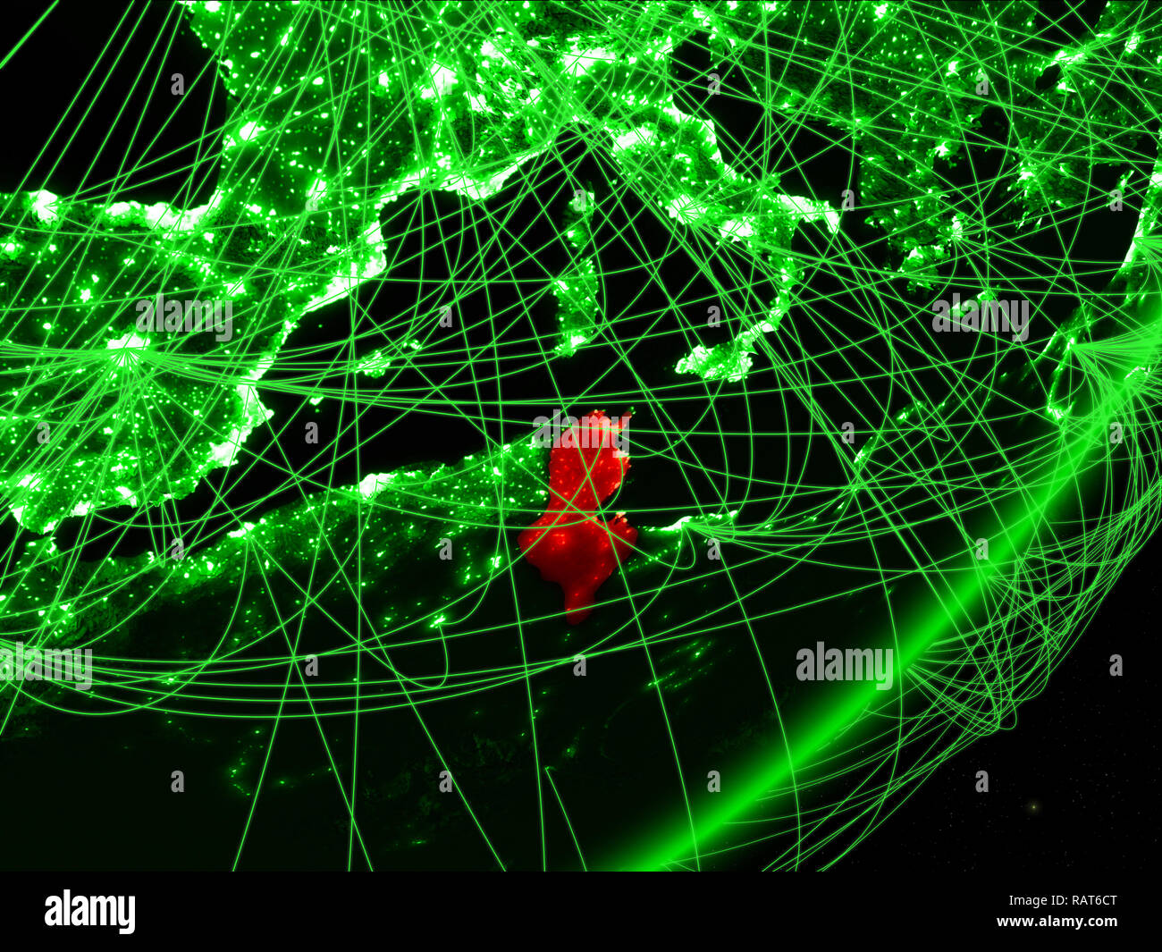 Tunisia on green model of planet Earth with network at night. Concept ...
