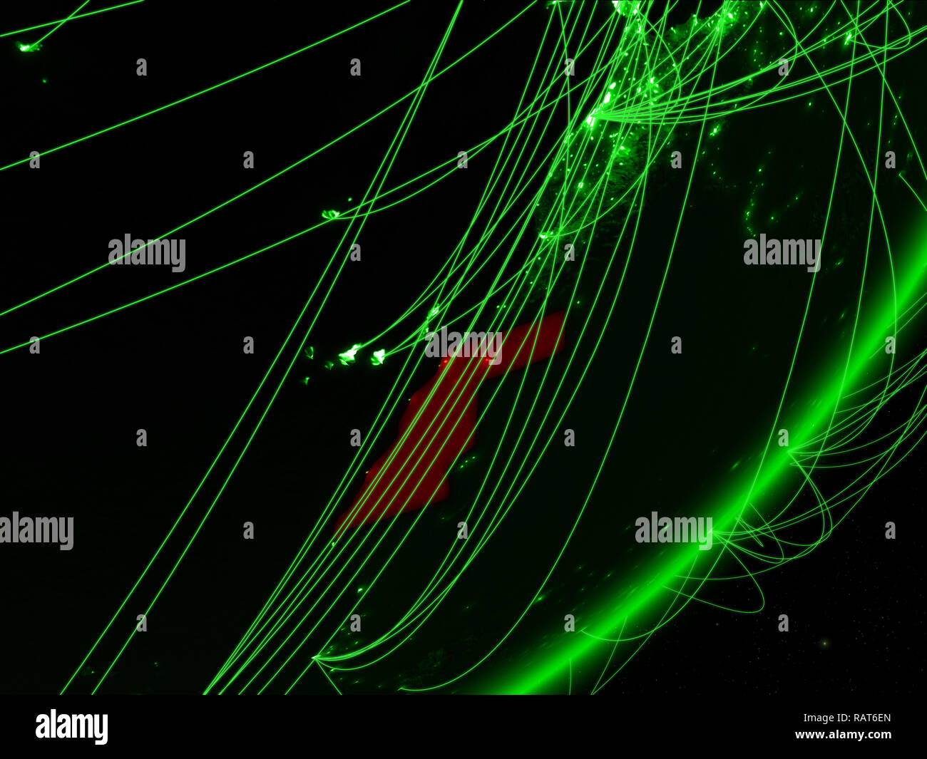 Western Sahara on green model of planet Earth with network at night ...