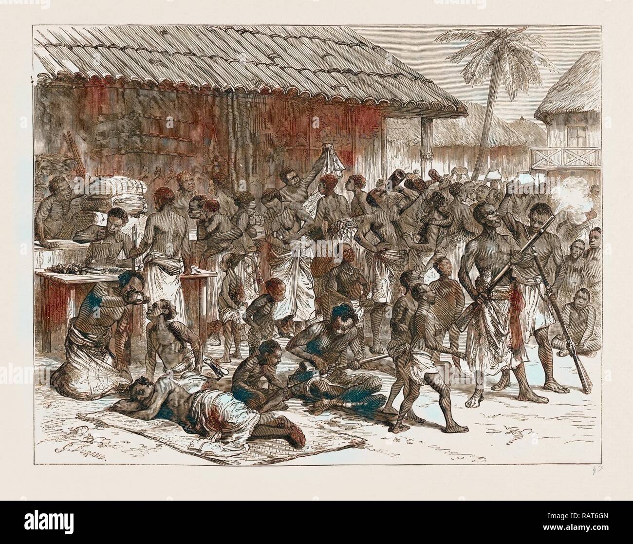 ASHANTEES BUYING MUSKETS WITH GOLD DUST AT ASSINEE, THE ASHANTEE WAR 1873. Anglo-Ashanti Wars between the Ashanti reimagined Stock Photo