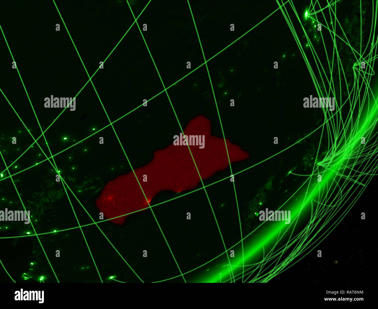 Central Africa on green model of planet Earth with network at night ...