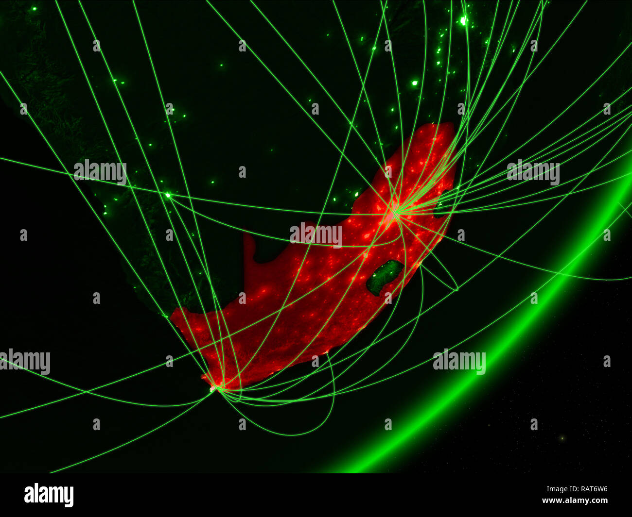 South Africa on green model of planet Earth with network at night ...