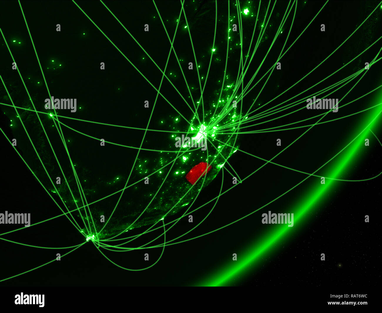 Lesotho on green model of planet Earth with network at night. Concept ...