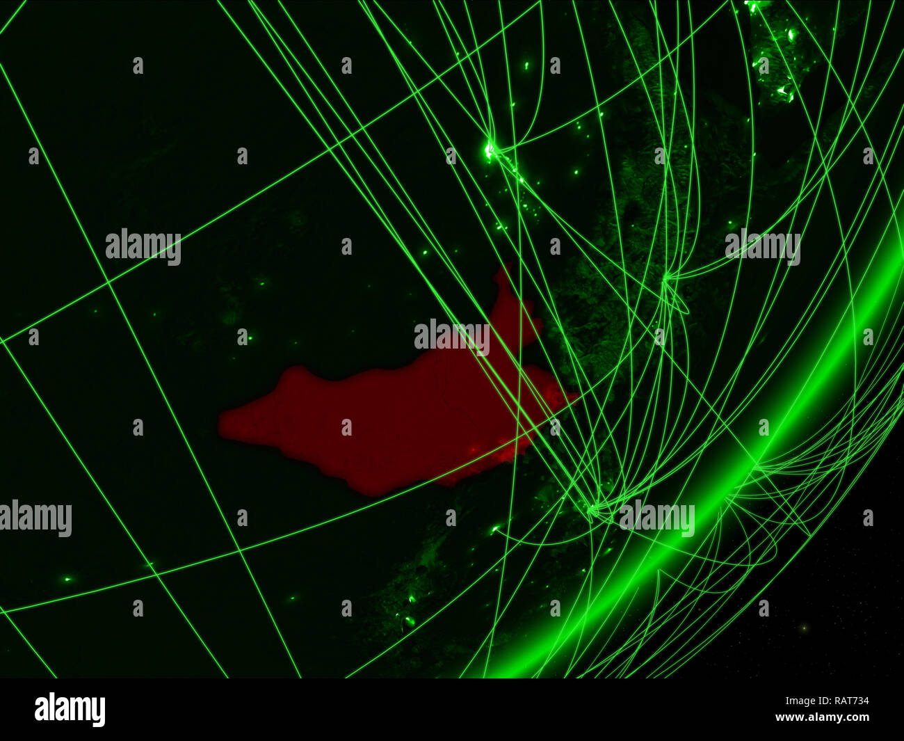 South Sudan on green model of planet Earth with network at night ...
