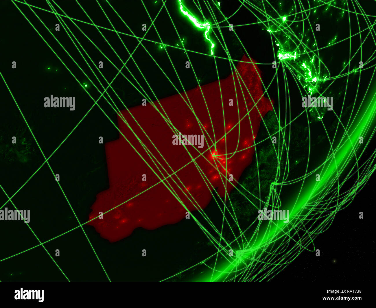 Sudan on green model of planet Earth with network at night. Concept of ...
