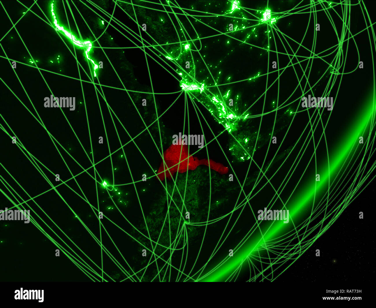 Eritrea on green model of planet Earth with network at night. Concept ...