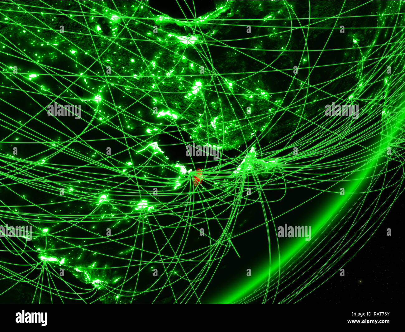 Qatar on green model of planet Earth with network at night. Concept of ...
