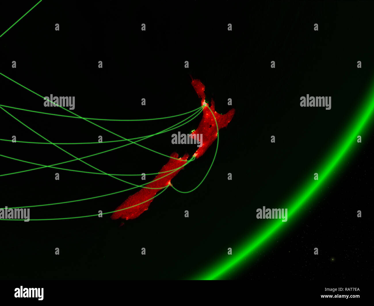 New Zealand on green model of planet Earth with network at night ...