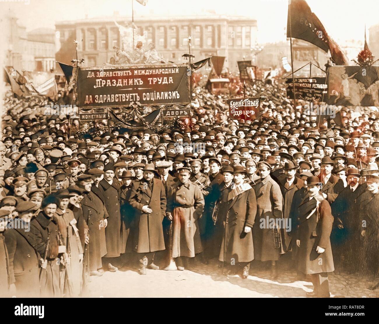 May 1st, 1918, The demonstration took place on Palace Square in Petrograd, Saint Petersburg in front of the Winter reimagined Stock Photo