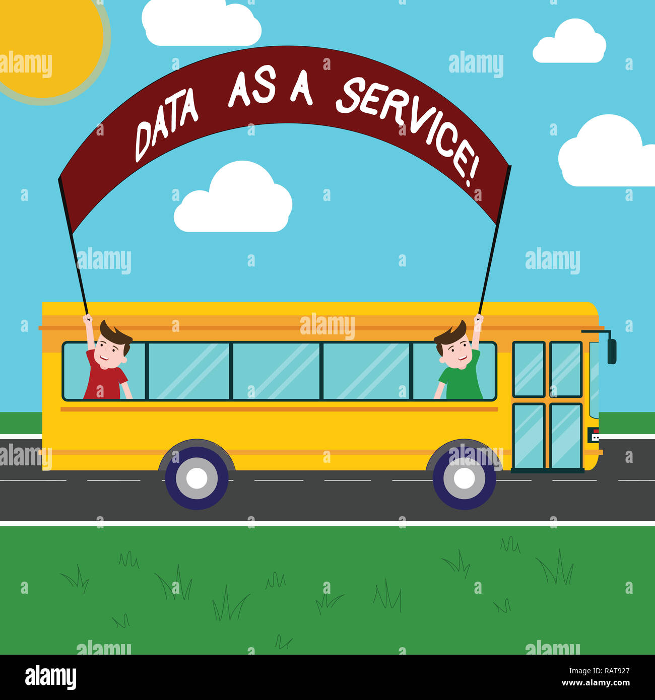 Handwriting text Data As A Service. Concept meaning Online files available for customers over the network Two Kids Inside School Bus Holding Out Banne Stock Photo