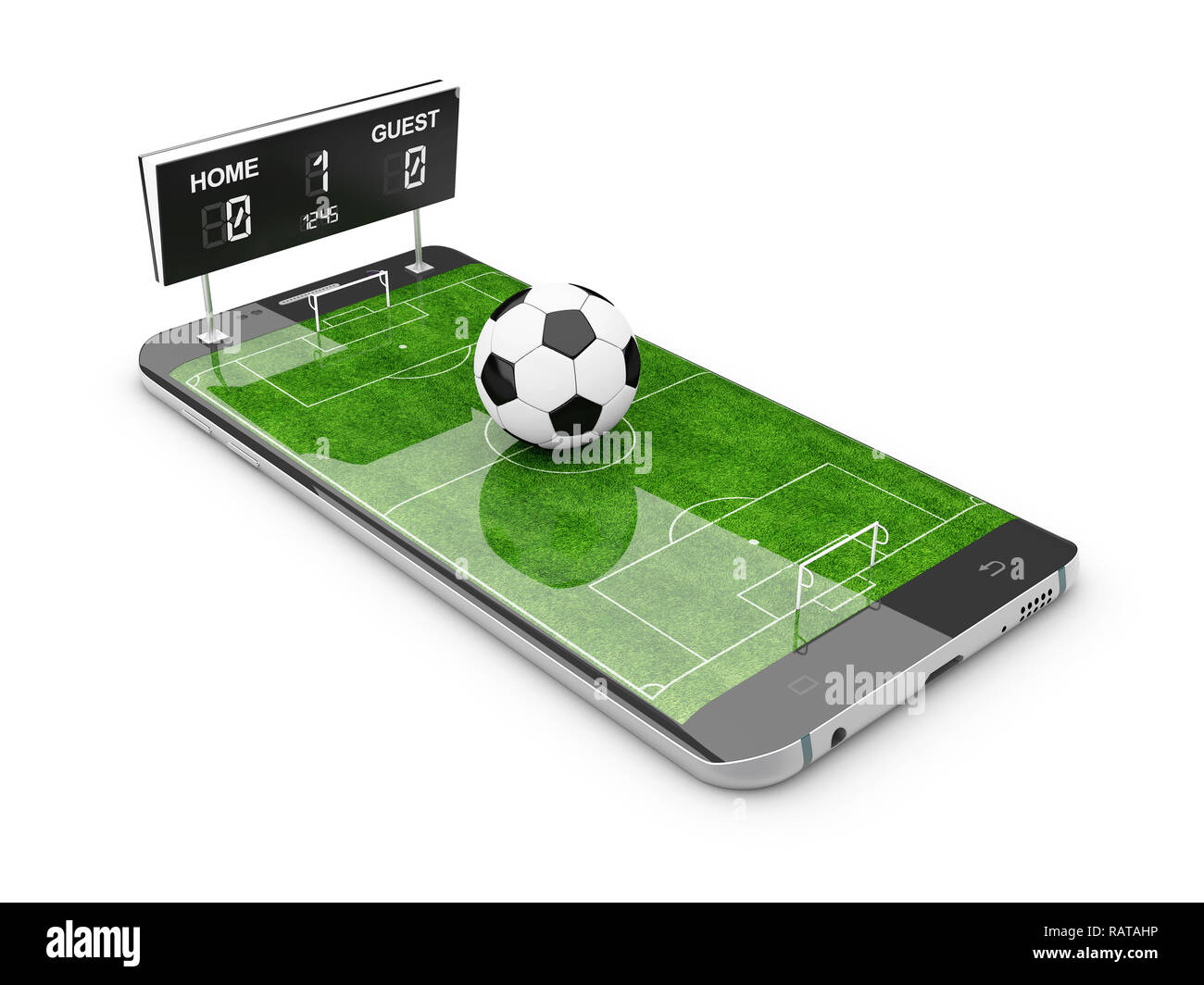 Smart phone as football field, watch online, bet online concept, 3d Illustration Stock Photo