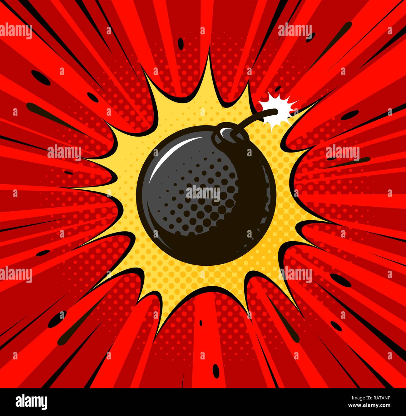 Detonation of bomb, cannonball. Burning wick, boom, explosion concept. Pop art retro comic style. Cartoon vector illustration Stock Vector