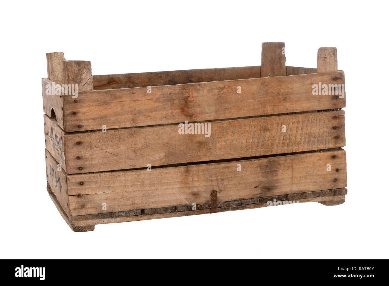 Old wooden box, crate, isolated on white. Front view, slight angle, empty. Stock Photo