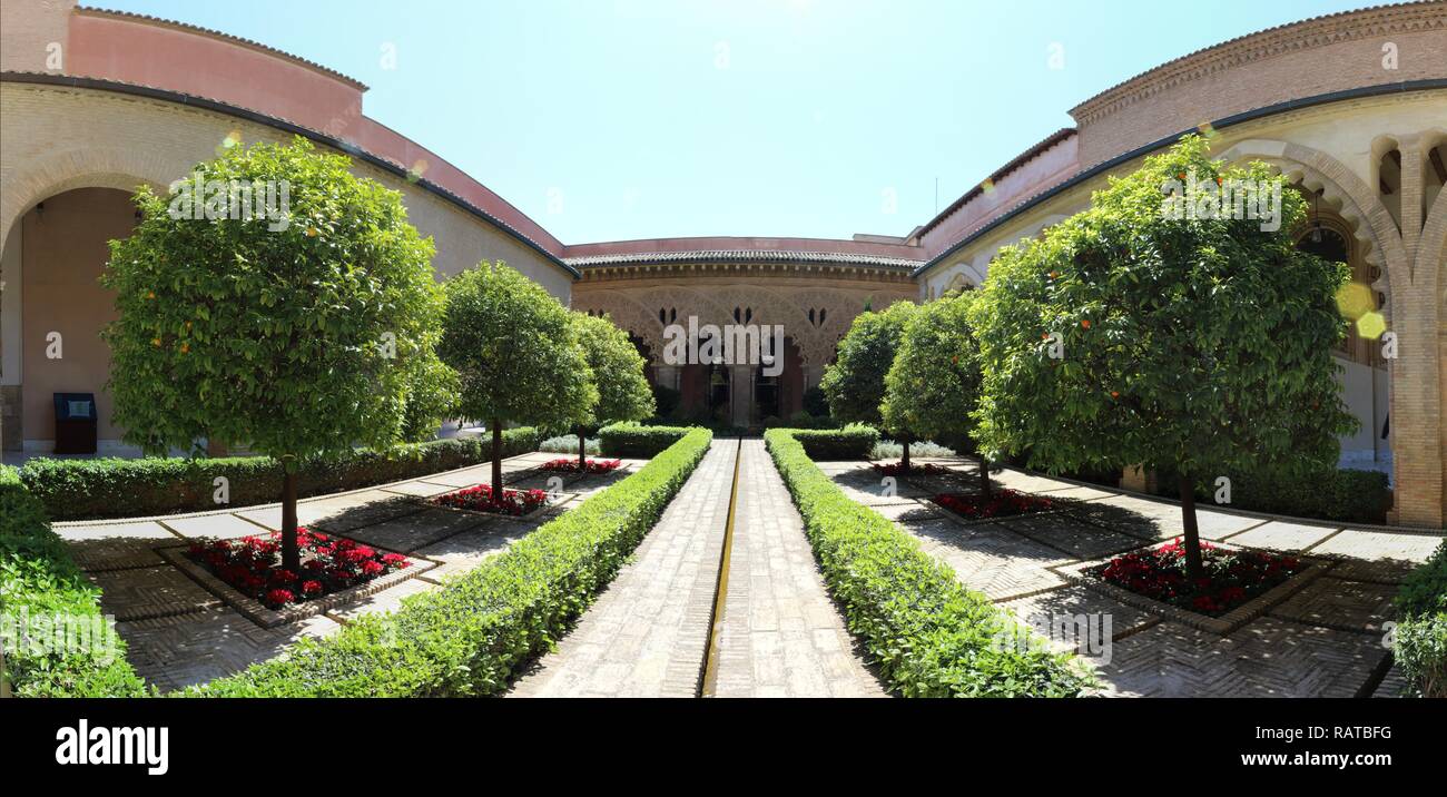 The internal courtyard of the Islamic Aljaferia fortress, with the