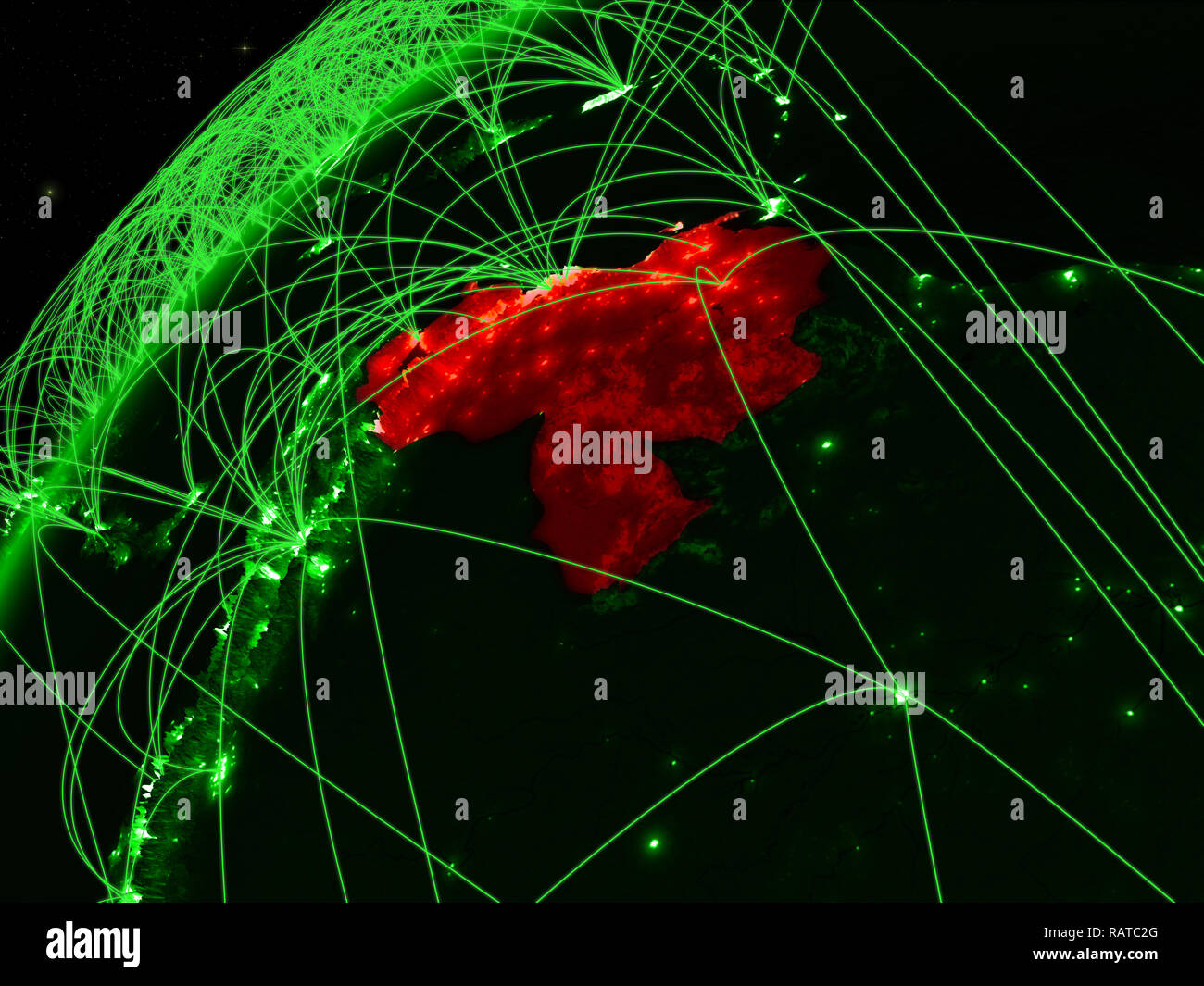 Venezuela on model of green planet Earth with international networks. Concept of green communication and technology. 3D illustration. Elements of this Stock Photo