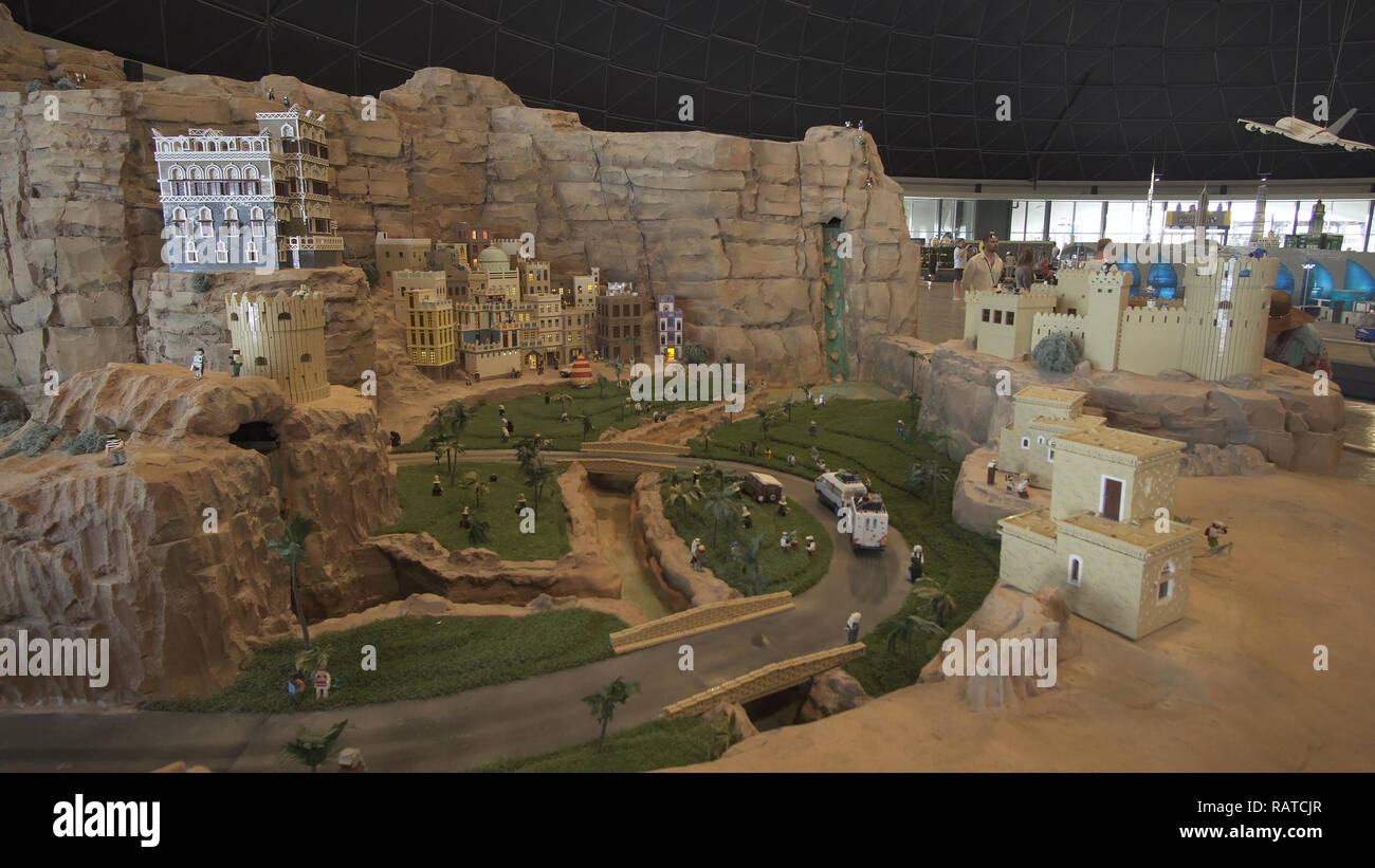 Exhibition of mock-ups Petra made of Lego pieces in Miniland Legoland at Dubai Parks and Resorts Stock Photo