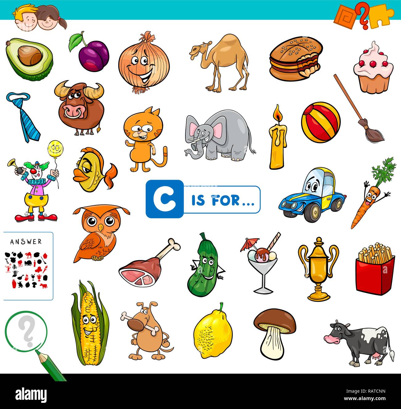 Cartoon Illustration of Finding Picture Starting with Letter C