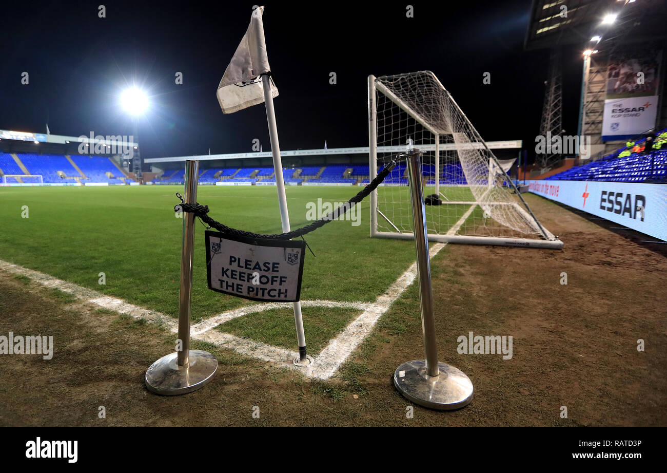 General view of the ground before the Emirates FA Cup, third round match at Prenton Park, Birkenhead. Stock Photo