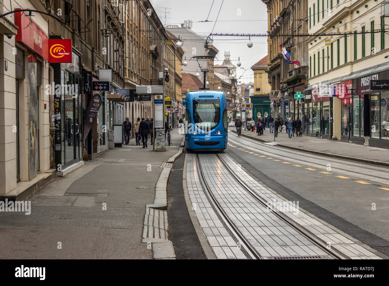 Zagreb, Croatia, November 2018 - View at the Ilica downtown street with pedestrians, tram and stores Stock Photo