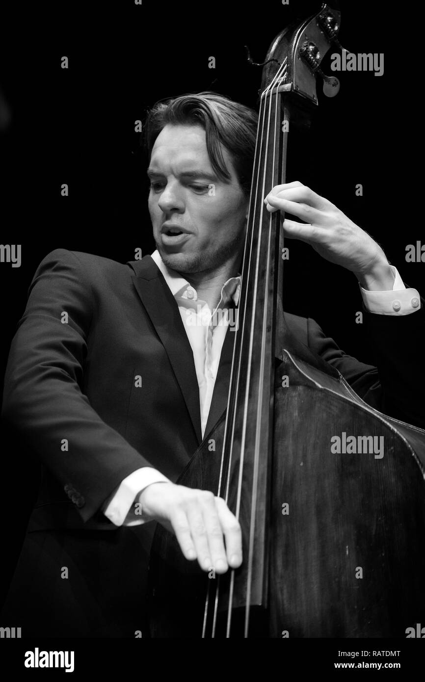 Morton Ankarfeldt soloing on double bass with Mads Mathias Quartet