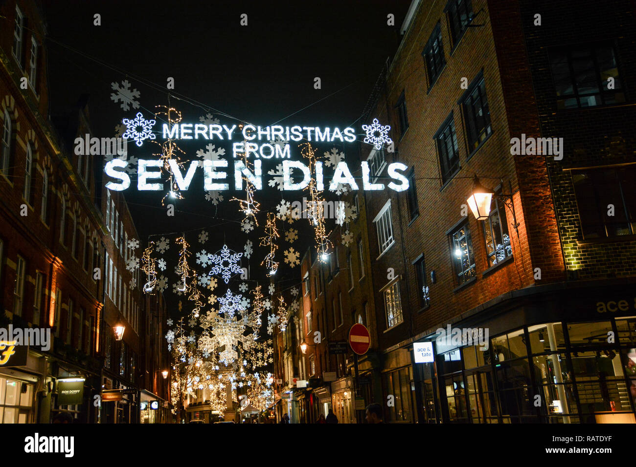 Christmas lights and decorations at the Seven Dials, London, England, UK Stock Photo